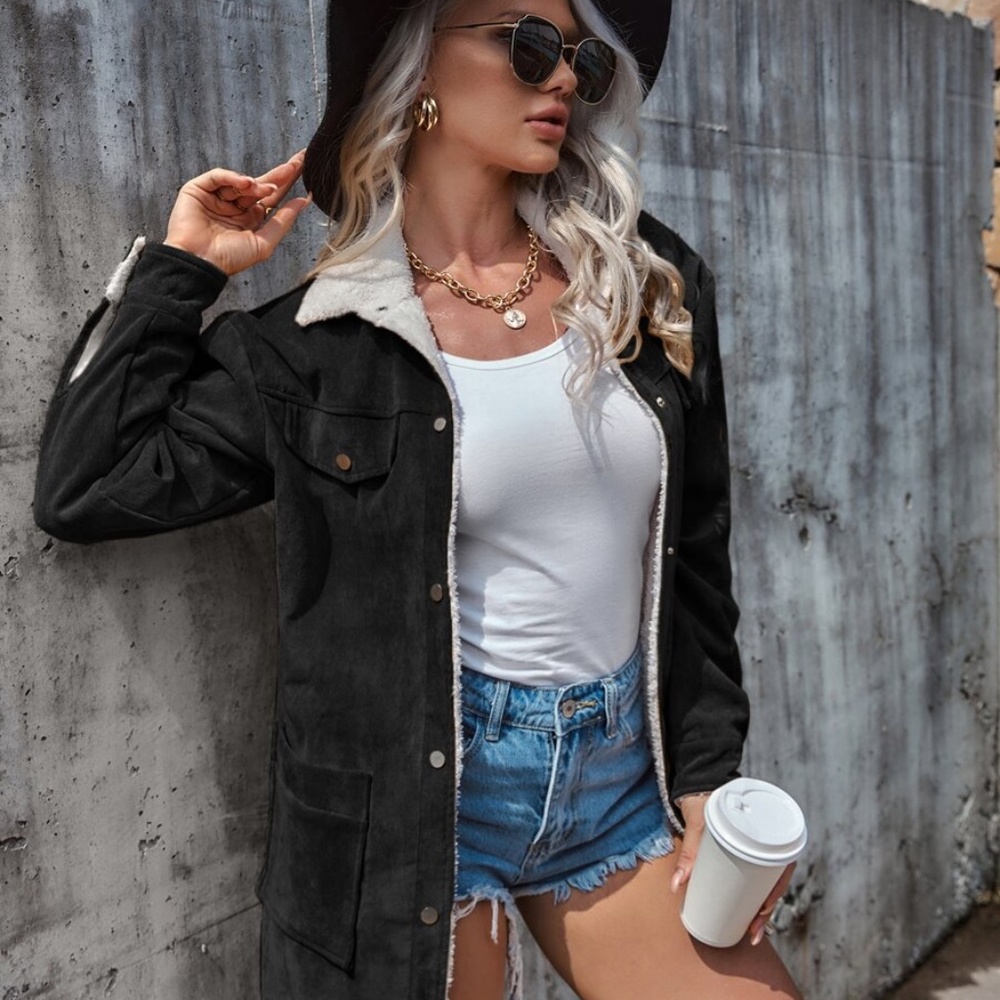 Snap Button Corduroy Shearling Lined Jacket Coat - image 8